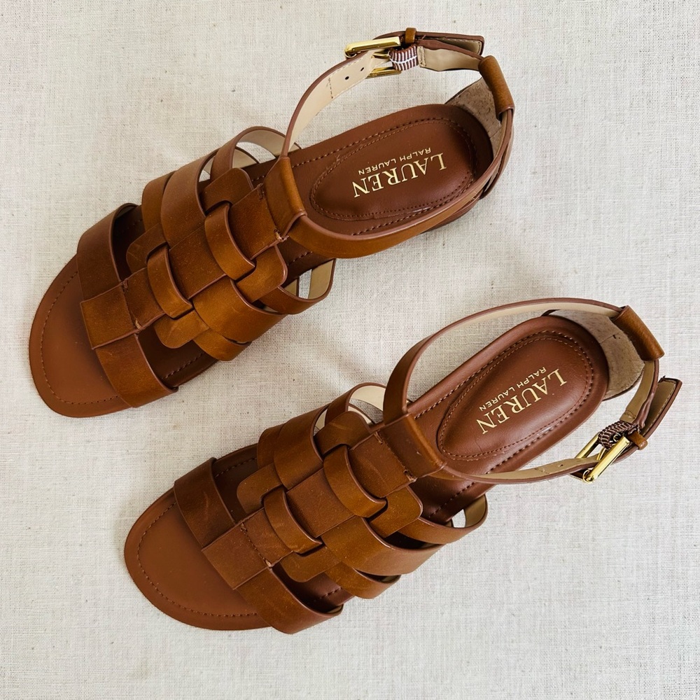 New Ralph Lauren Elianna brown calfskin leather ankle strap woven sandals - Picture 5 of 9